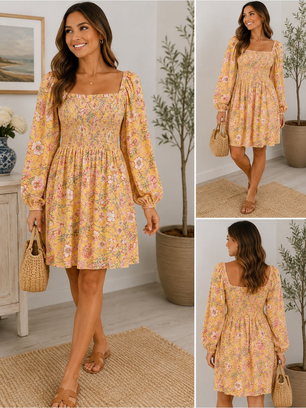Billabong Yellow Floral Smocked Long Sleeve Dress Size Medium